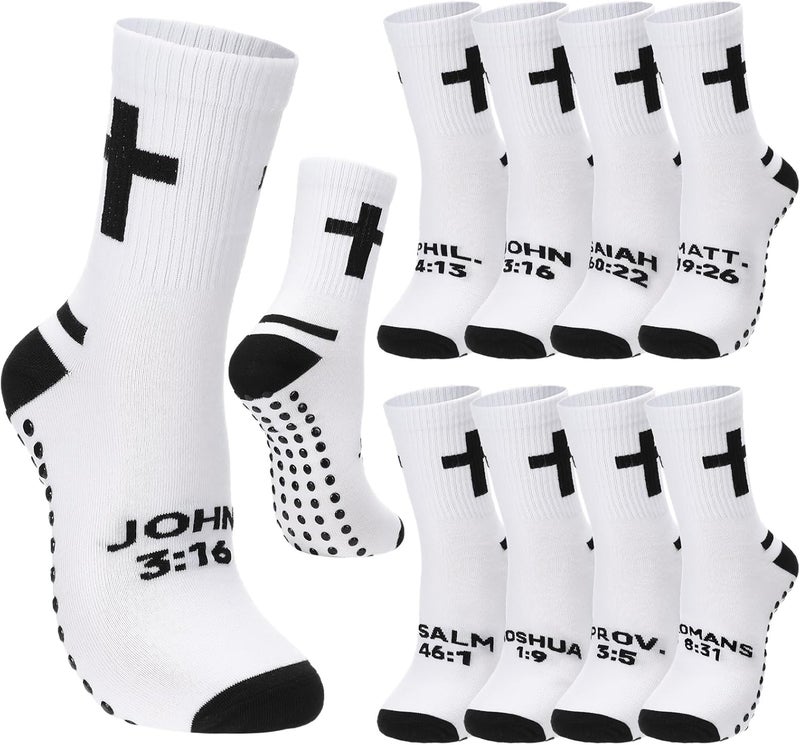 Cutecrop 8 Pairs Christian Socks Christian Xmas Gifts Bulk Anti Slip Grip Soccer Socks with Rubber Dots Cross for Youth Men - Image 1